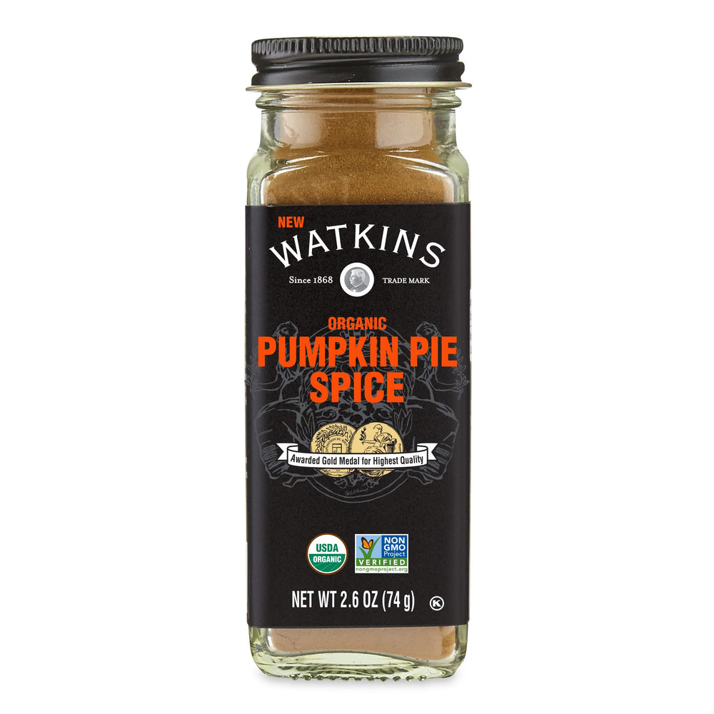 Watkins Organic Pumpkin Pie Spice bottle delivering warm aroma for baking and beverages.