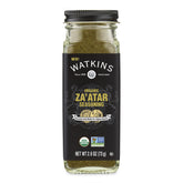 Watkins Organic Za'atar seasoning bottle adds savory depth to grilling and dipping.