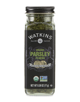 Watkins Parsley Flakes jar label closeup showing organic and non-GMO quality for garnish