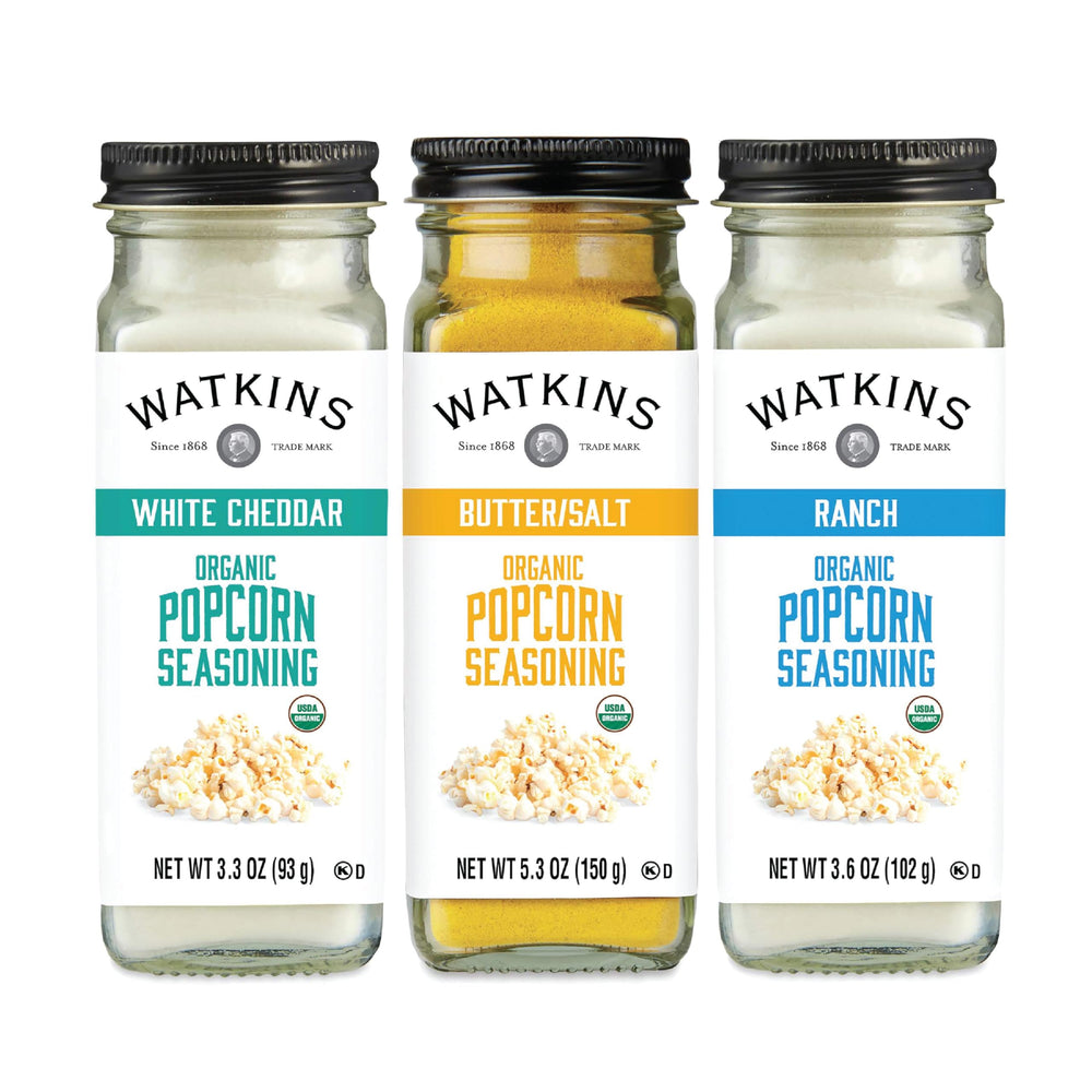 Watkins multi-flavor popcorn seasoning variety pack displayed in box for family movie night