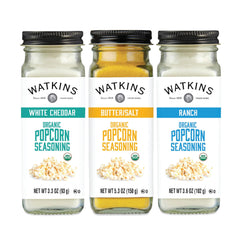 Watkins multi-flavor popcorn seasoning variety pack displayed in box for family movie night