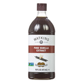 Watkins Pure Vanilla Extract bottle shown in kitchen, ideal for baking.