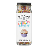 Watkins Rainbow Nonpareils jar front for vibrant cake decoration.