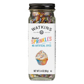 Watkins Rainbow Sprinkles jar top view adds vibrant color to cupcakes and cookies
