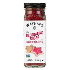 Watkins Red Decorating Sugar jar shows vibrant color from natural colorings.