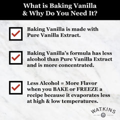Watkins vanilla bottle in dish baking scene demonstrates rich aroma in desserts