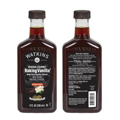 Watkins vanilla extract pour shot emphasizing double-strength formula for resilient bake