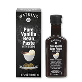 Watkins Vanilla Paste bottle close-up highlighting rich flecks for premium desserts.