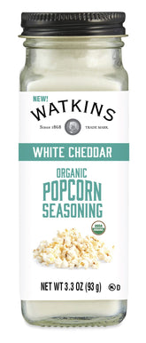 Watkins white cheddar popcorn seasoning bottle close-up for rich flavor