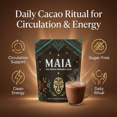 Wdvpue Maia cacao bag and scoop showing zero sugar promise for guilt-free ritual beverages.