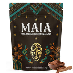 Wdvpue Maia cacao packaging close-up highlighting premium, additive-free cacao for mindful sipping.