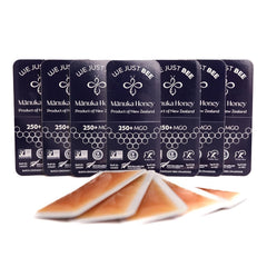 We Just Bee Manuka Snap Pack neatly arranged packets in a travel pouch