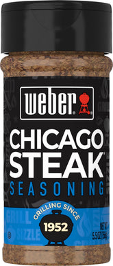 Weber Chicago Steak Seasoning bottle pours on steak, delivering bold, balanced flavor.