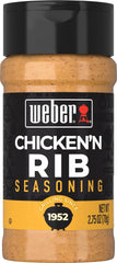 Weber Chicken 'N Rib Seasoning jar highlights bold flavor for grilled chicken and ribs.