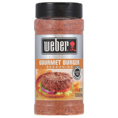 Weber Gourmet Burger Seasoning bottle close-up, adds savory depth to grilled burgers.