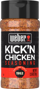 Weber Kick'n Chicken Seasoning bottle close-up showing bold flavor boost for grilling