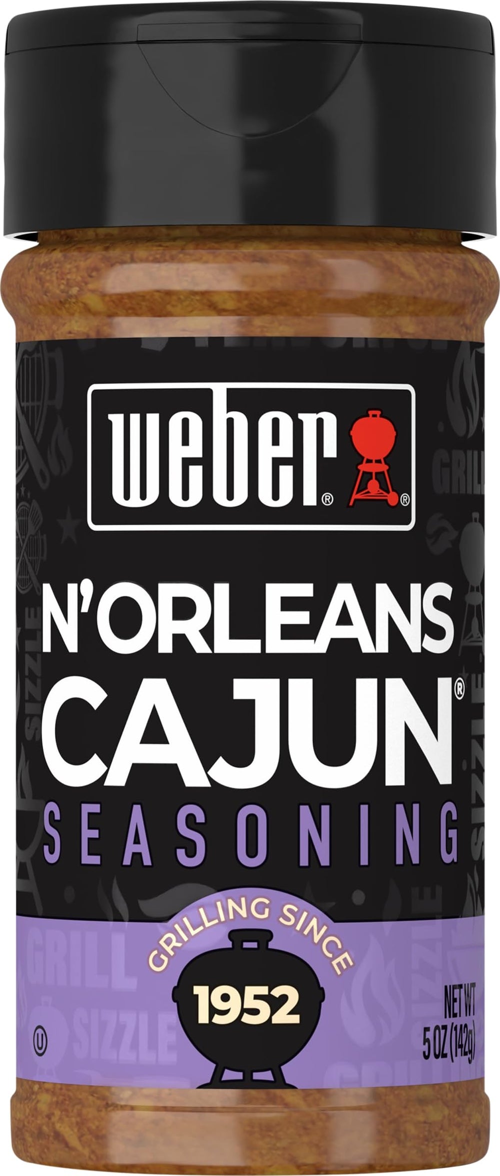 Weber N'Orleans Cajun Seasoning jar adds bold flavor to meats.