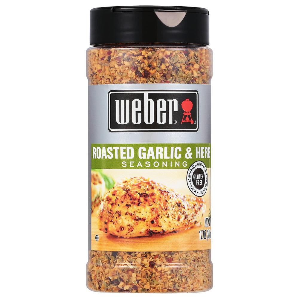 Weber Roasted Garlic & Herb Seasoning packshot ready for grilling steaks and veggies