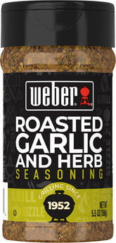 Weber Roasted Garlic & Herb shaker label closeup for flavorful grilling