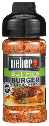 Weber Salt Free Burger Seasoning jar reveals bold garlic and pepper for burgers