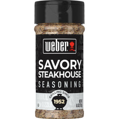 Weber Savory Steakhouse Seasoning coarse-pour bottle highlights bold flavor for grilled steaks