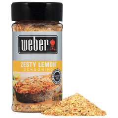Weber Zesty Lemon Seasoning close-up shows garlic, onion, and lemon notes.