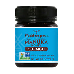 Wedderspoon 50+ MGO Manuka honey jar close-up for rich flavor