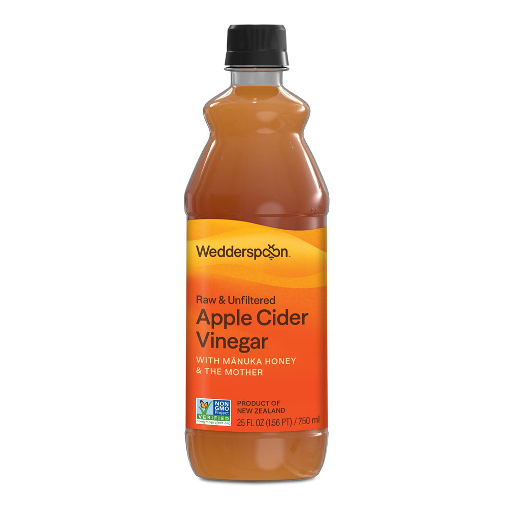 Wedderspoon apple cider vinegar bottle with raw Mother of Vinegar and Manuka honey