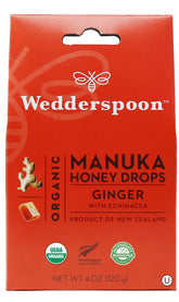Wedderspoon Manuka honey drops with ginger and echinacea, 20-count pack for throat comfort.