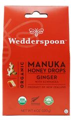 Wedderspoon Manuka honey drops with ginger and echinacea, 20-count pack for throat comfort.