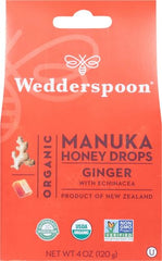 NZ-origin Wedderspoon honey drops label highlights genuine Manuka honey and herbal notes.