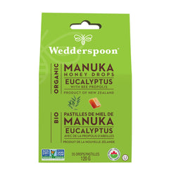 Wedderspoon organic Manuka honey drops with eucalyptus soothe throats and refresh the senses.