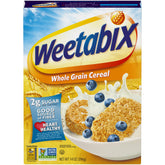 Weetabix whole grain cereal box on shelf, quick breakfast option