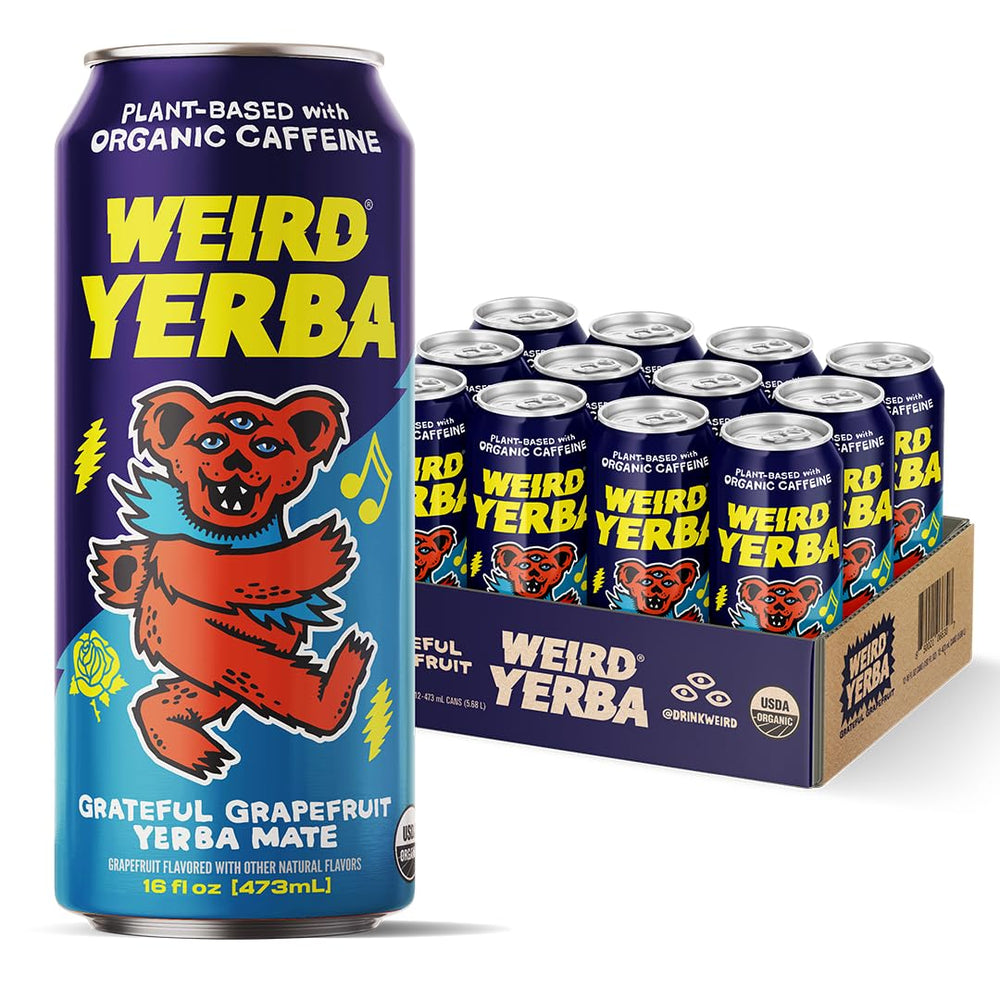 WEIRD Grateful Grapefruit Yerba Mate can front view with caffeine boost
