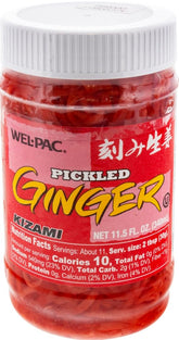Wel-Pac Kizami Shoga pickled ginger bottle on shelf, convenient pantry staple for sushi and cooking.