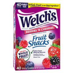 Welch's Berries N Cherries snack box front view showing 40 packs for sharing