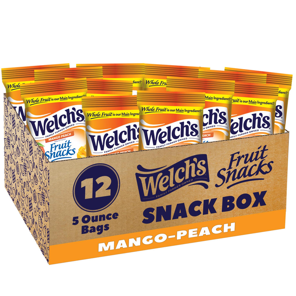 Welch's Mango Peach fruit snacks 12-pack box showcasing colorful shapes for kids.
