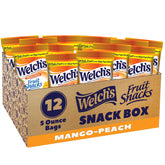 Welch's Mango Peach fruit snacks 12-pack box showcasing colorful shapes for kids.