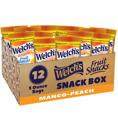 Welch's Mango Peach fruit snacks 12-pack box showcasing colorful shapes for kids.