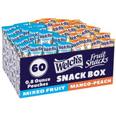 Welch's Fruit Snacks box with mixed fruit and mango peach for family snacking.