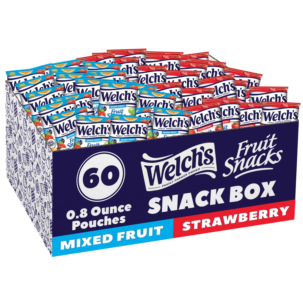 Welch's Fruit Snacks mixed-fruit and strawberry box for easy, family-friendly lunchbox snacking.