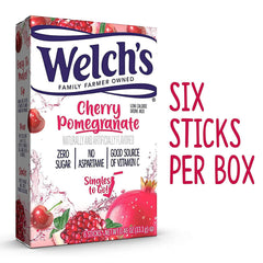 Welch's Singles To Go cherry pomegranate packets dissolving in water for refreshment.