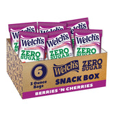Welch's Zero Sugar Fruity Bites snack box with six 3oz packs for on-the-go zero sugar snacking.