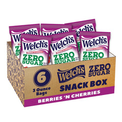 Welch's Zero Sugar Fruity Bites snack box with six 3oz packs for on-the-go zero sugar snacking.