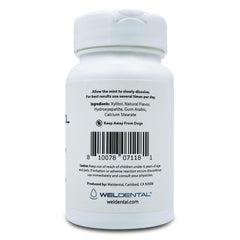 Close-up of Weldental Xylitol Mints highlighting micro hydroxyapatite and minty breath-freshening appeal