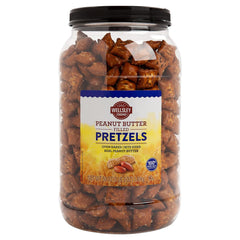 Wellsley Farms Peanut Butter Filled Pretzels close-up with creamy filling in crunchy pretzel, ideal quick snack