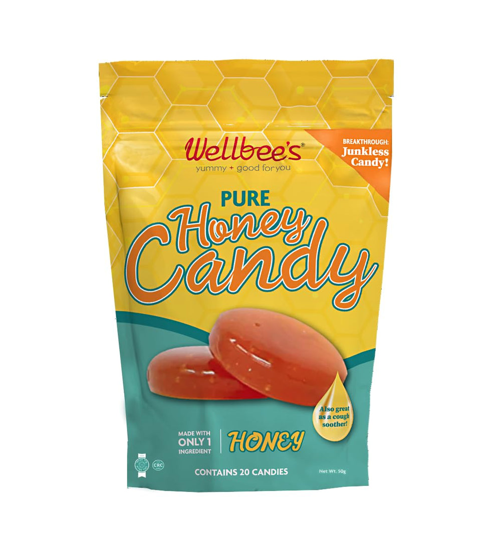 Wellbee's Pure Honey Candy pack-front highlighting natural single-ingredient sweetness for tea or snacking.