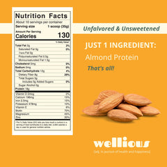 Wellious almond protein powder scoop ready for a smooth shake