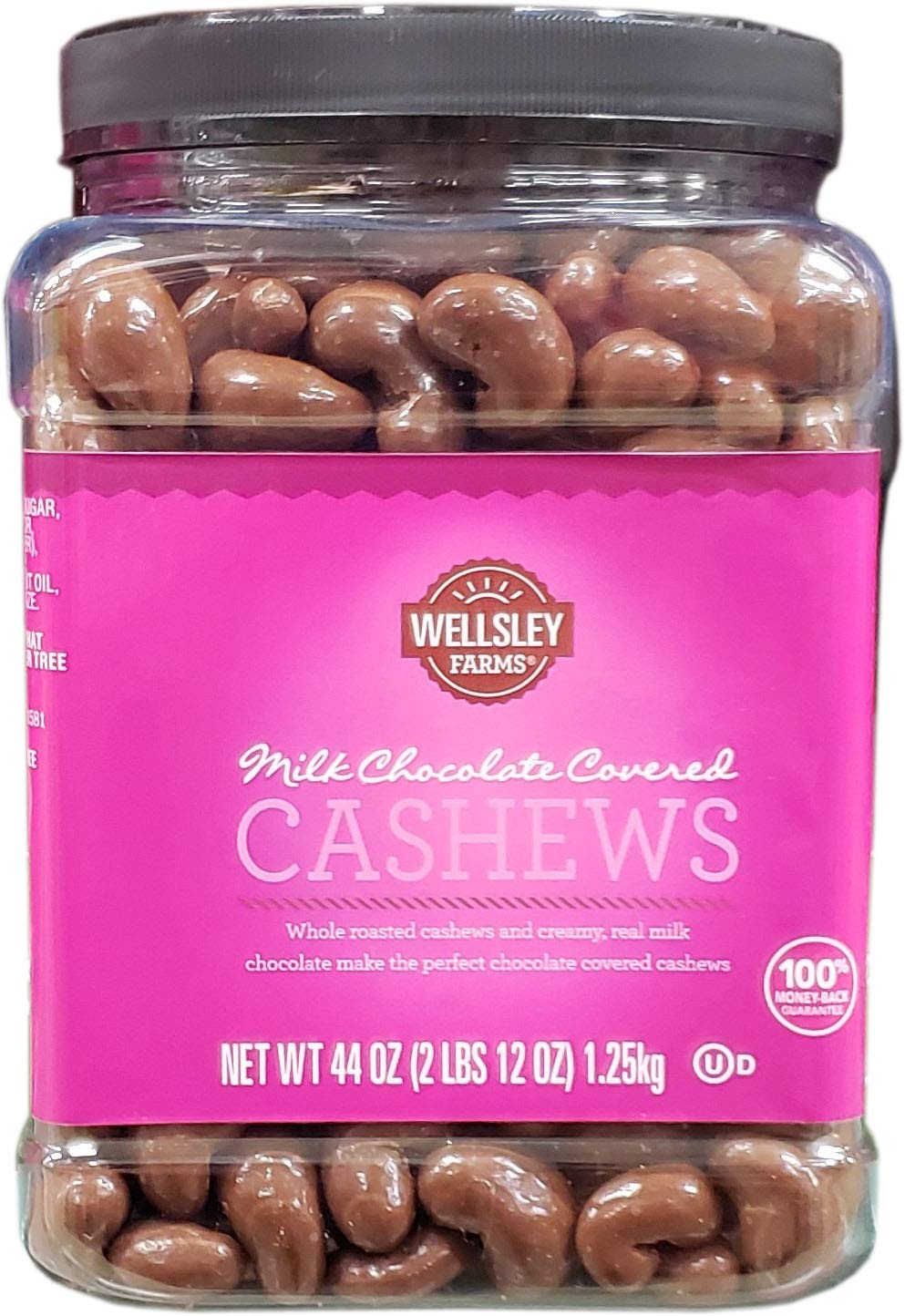 Wellsley Farms milk chocolate covered cashews container, perfect for entertaining guests or topping desserts.