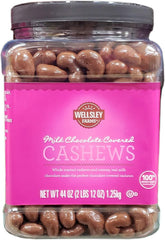 Wellsley Farms milk chocolate covered cashews container, perfect for entertaining guests or topping desserts.